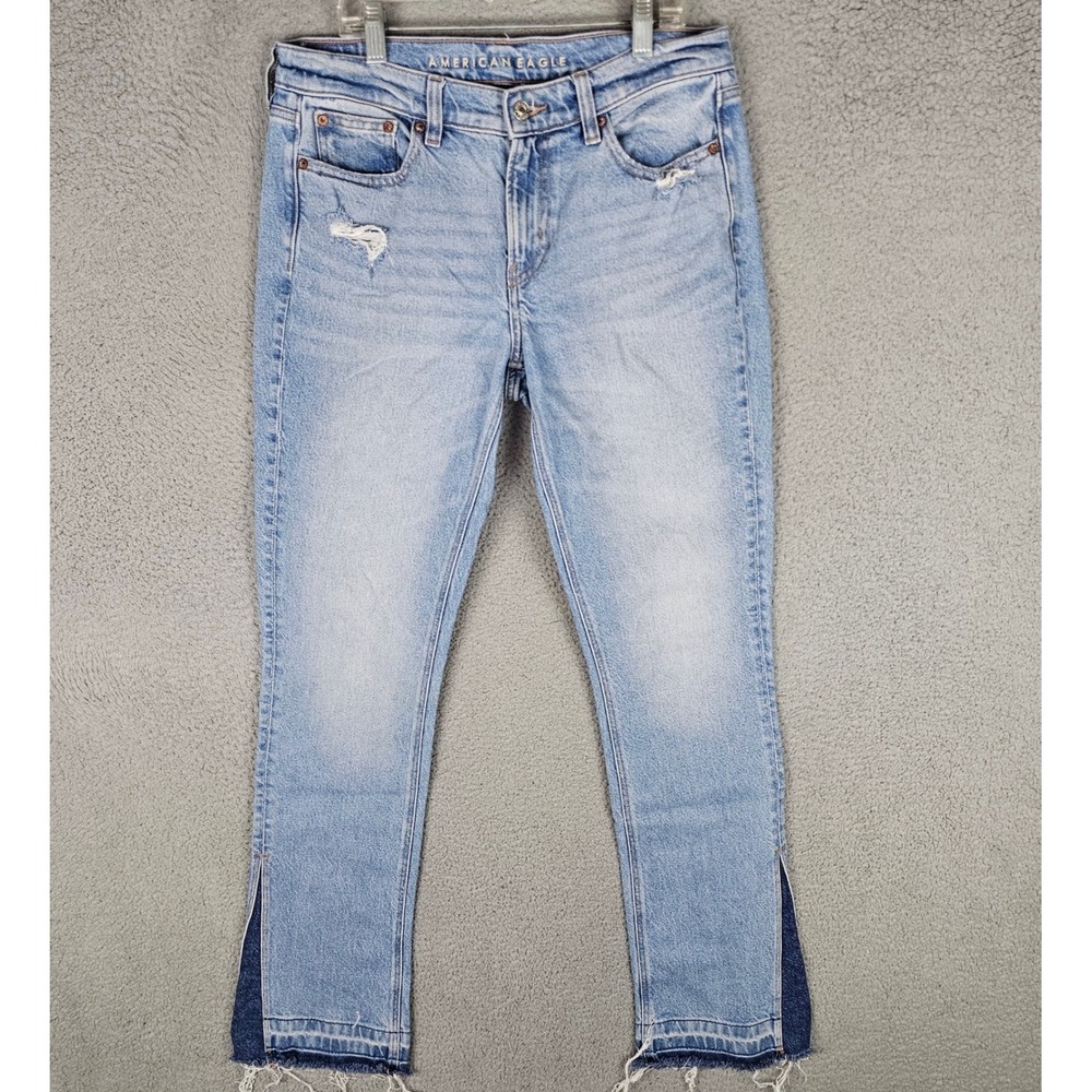 American Eagle Jeans Women 8 Long Blue Low-Rise Skinny Kick Distressed Split Hem